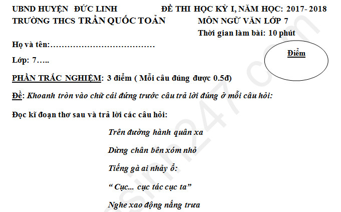 Đề thi kì 1 môn Văn lớp 7 THCS Trần Quốc Toản năm học 2017 - 2018