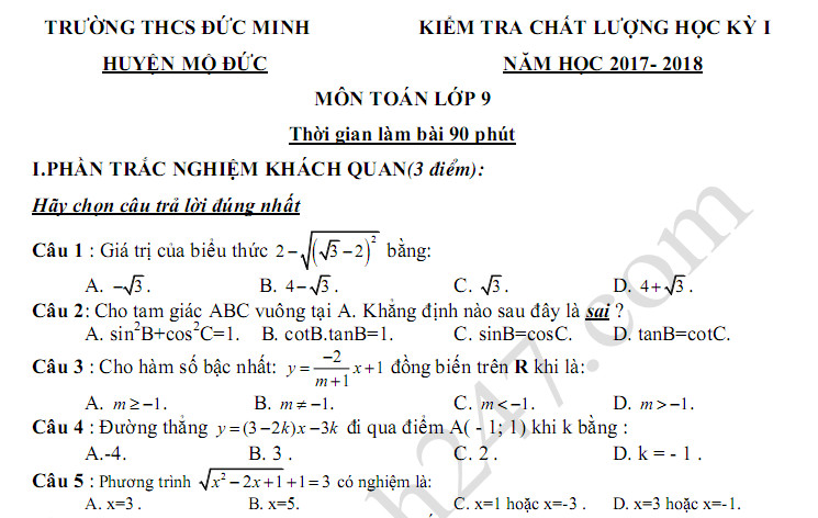 Đề thi cuối kì 1 lớp 9 môn Toán THCS Đức Trung năm 2017