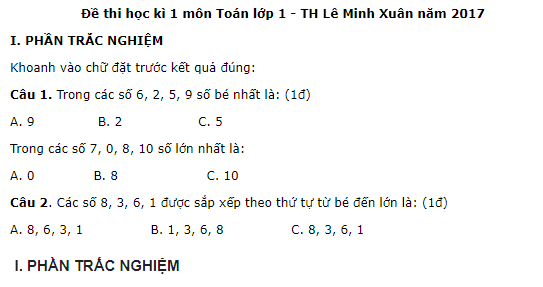Đề thi kì 1 năm 2017 môn Toán lớp 1 - trường TH Lê Minh Xuân