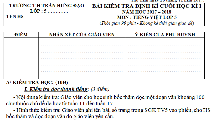 Đề thi kì 1 năm 2017 - 2018 lớp 5 môn Tiếng Việt - TH Trần Hưng Đạo