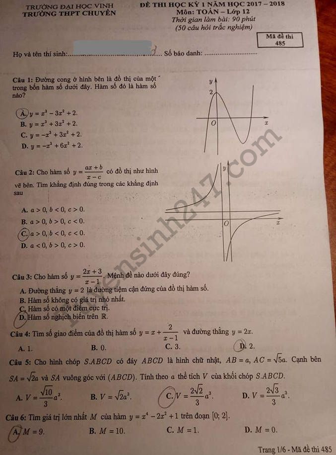 Đáp án đề thi kì 1 lớp 12 môn Toán năm 2017 Chuyên ĐH Vinh