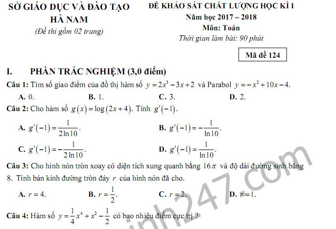 Đề thi cuối kì 1 năm 2017 lớp 12 môn Toán Sở GD Hà Nam có đáp án