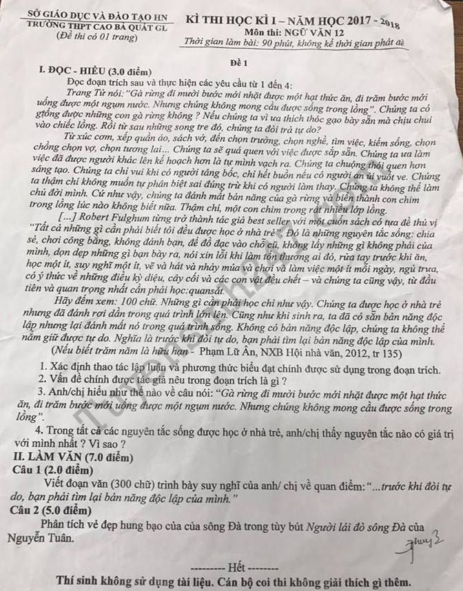 Đề thi học kì 1 môn Văn lớp 12 - THPT Cao Bá Quát năm 2017
