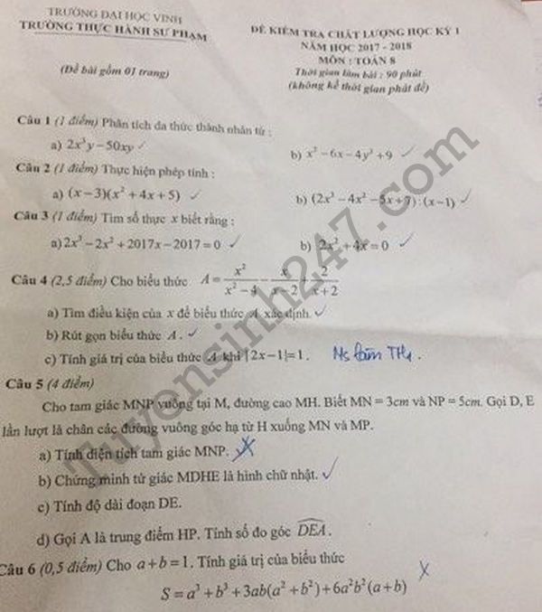 Đề thi kì 1 lớp 8 năm 2018 môn Toán - Trường Thực hành sư phạm