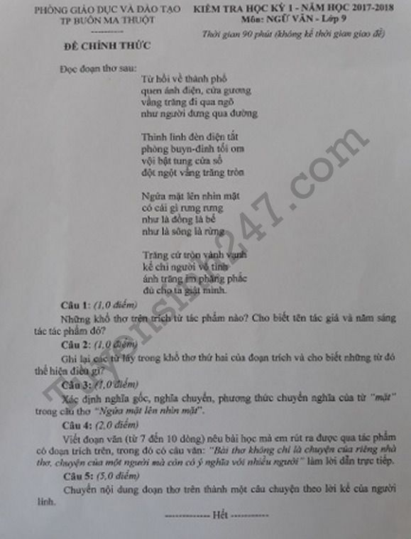 Đề thi kì 1 lớp 9 môn Văn Phòng GD Buôn Ma Thuột năm 2017 - 2018 