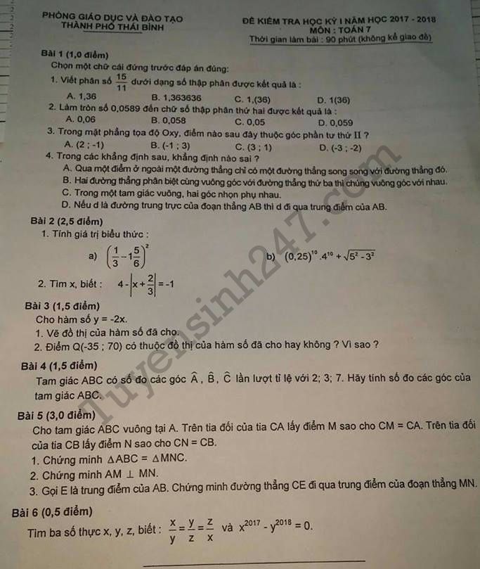 Đề thi cuối kì 1 môn Toán lớp 7 Phòng GD Thái Bình 2017 - 2018