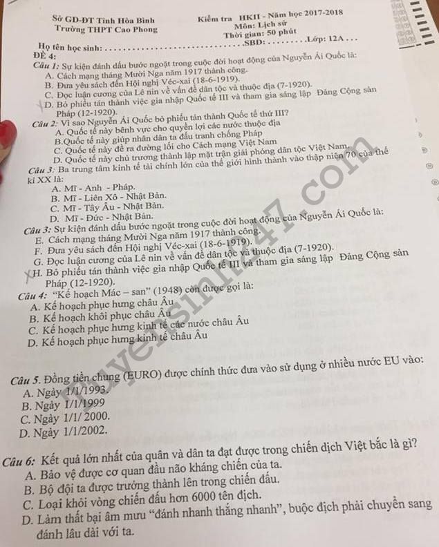 Đề kiểm tra học kì 1 lớp 12 môn Sử THPT Cao Phong 2017