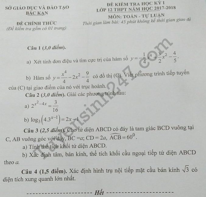 Đề thi cuối kì 1 lớp 12 môn Toán Sở GD Bắc Kạn năm 2017