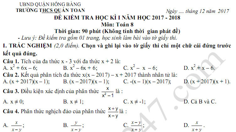 Đề thi kì 1 môn Toán lớp 8 trường THCS Quán Toan 2017 - 2018