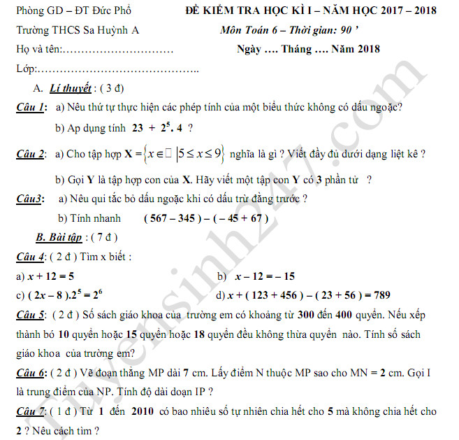 Đề thi kì 1 lớp 6 năm 2017 môn Toán THCS Sa Huỳnh A