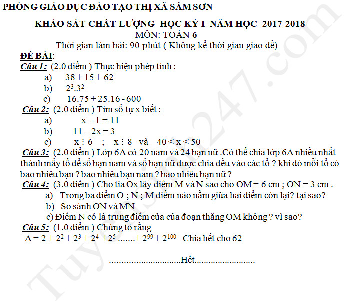 Đề kiểm tra cuối kì 1 lớp 6 môn Toán Phòng GD Sầm Sơn 2017