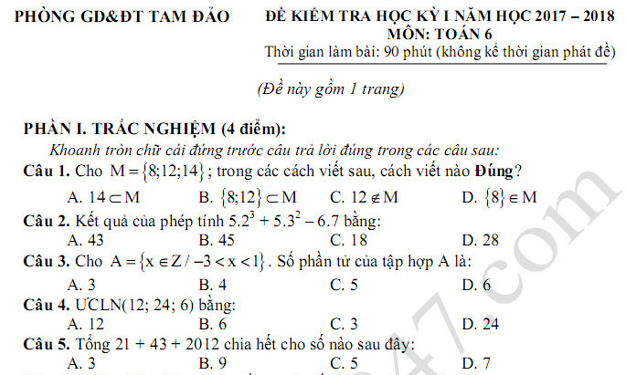 Đề thi kì 1 lớp 6 môn Toán 2017 - 2018 Phòng GD Tam Đảo