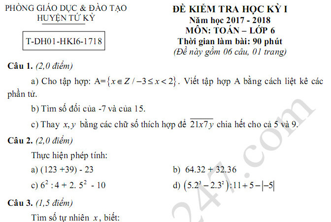 Đề thi học kì 1 lớp 6 môn Toán phòng GD Tứ Kỳ năm 2017 - 2018