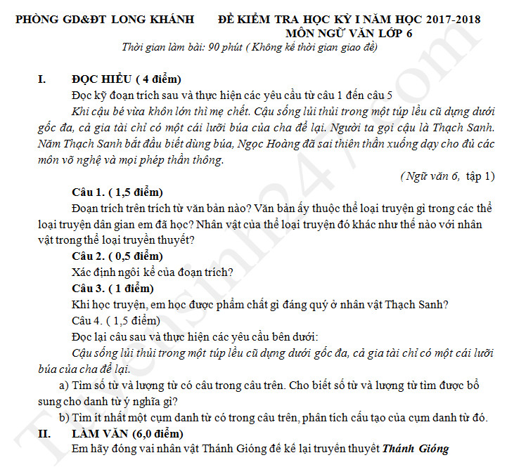 Đề thi học kì 1 lớp 6 môn Văn Phòng GD Long Khánh năm 2017 - 2018