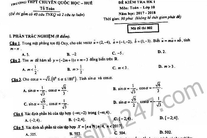 Đề thi cuối kì 1 lớp 10 môn Toán THPT Chuyên Quốc học Huế 2017