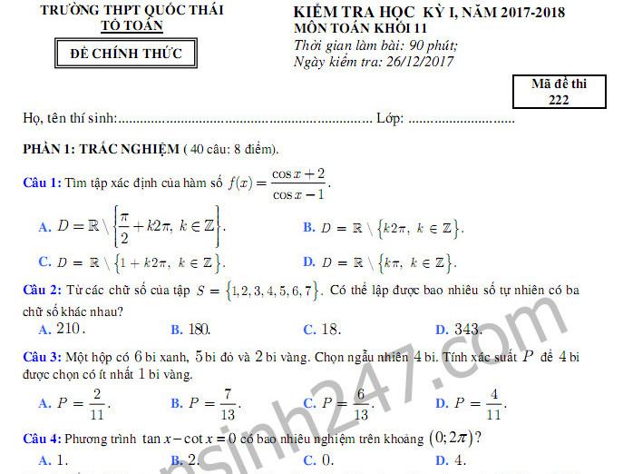 Đề thi học kì 1 môn Toán lớp 11 THPT Quốc Thái 2017 - 2018