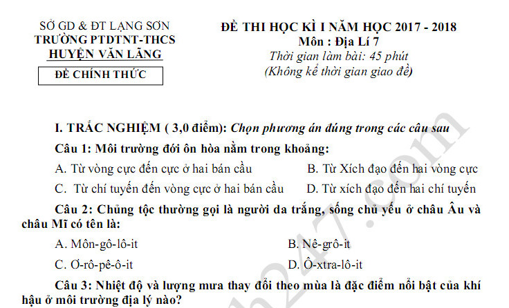 Đề kiểm tra cuối kì 1 lớp 7 môn Địa - Văn Lãng năm 2017 - 2018