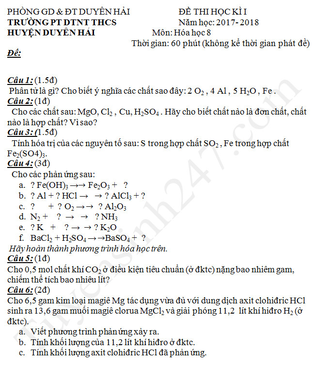 Đề thi học kì 1 lớp 8 môn Hóa phòng GD Duyên Hải năm 2017