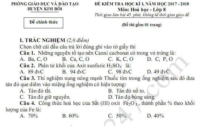 Đề kiểm tra cuối kì 1 lớp 8 môn Hóa - Kim Bôi năm 2017 - 2018