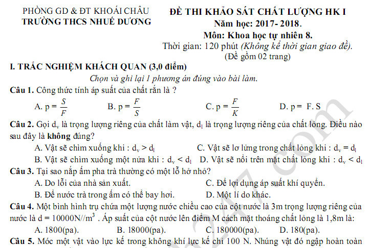 Đề thi cuối kì 1 lớp 8 môn KHTN THCS Nhuế Dương năm 2017 - 2018