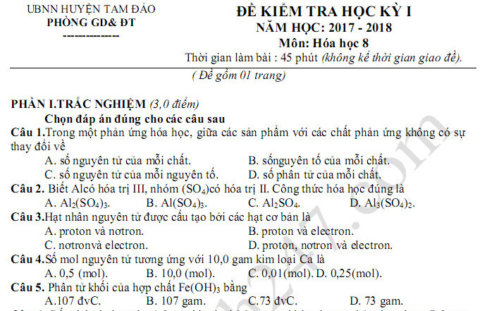 Đề thi kì 1 môn Hóa lớp 8 Phòng GD Tam Đảo năm 2017 - 2018 