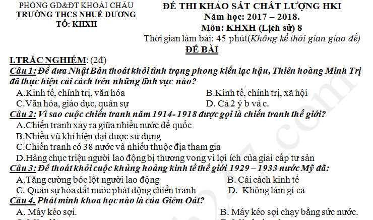 Đề kiểm tra cuối kì 1 lớp 8 môn Sử - THCS Nhuế Dương năm 2017