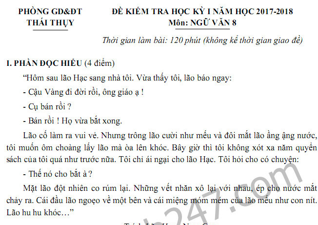 Đề thi học kì 1 năm 2017 - 2018 lớp 8 môn Văn Phòng GD Thái Thụy