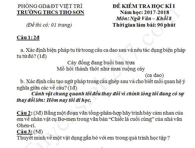 Đề thi kì 1 môn Văn lớp 8 trường THCS Thọ Sơn năm 2017 - 2018