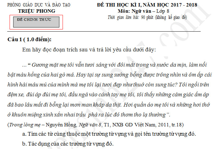 Đề thi kì 1 lớp 8 môn Văn Phòng GD Triệu Phong năm 2017 - 2018