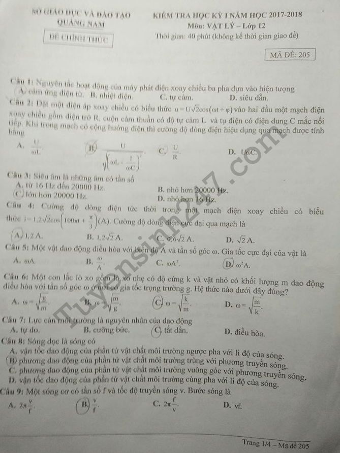 Đề kiểm tra học kì 1 lớp 12 môn Lý - Sở GD Quảng Nam năm 2017