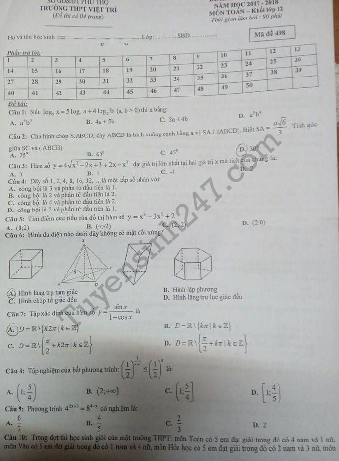 Đề thi học kì 1 năm 2017 lớp 12 môn Toán - THPT Việt Trì