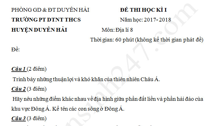 Đề kiểm tra học kì 1 lớp 8 môn Địa năm 2017 - Duyên Hải