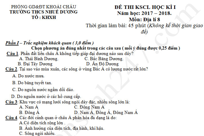 Đề thi cuối học kì 1 lớp 8 môn Địa THCS Nhuế Dương năm 2017