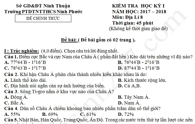 Đề thi kì 1 năm học 2017 - 2018 môn Địa lớp 8 - Ninh Phước