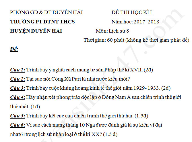 Đề thi kì 1 lớp 8 môn Sử năm học 2017 -  Duyên Hải