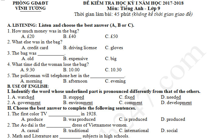 Đề thi kì 1 lớp 9 môn Anh năm học 2017 - 2018 phòng GD Vĩnh Tường