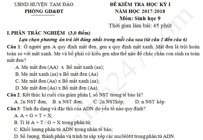 Đề kiểm tra kì 1 môn Sinh lớp 9 - Phòng GD Tam Đảo 2017 - 2018 