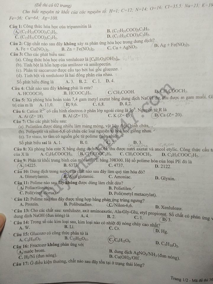 Đề thi kì 1 lớp 12 môn Hóa năm 2017 - 2018 Sở GD Quảng Nam