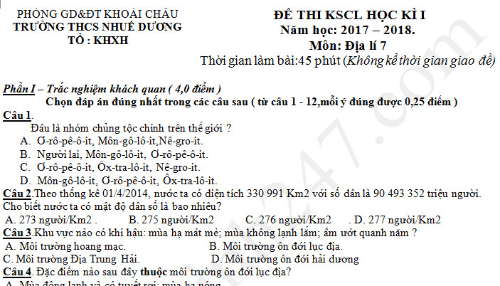 Đề thi học kì 1 năm 2017 lớp 7 môn Địa THCS Nhuế Dương