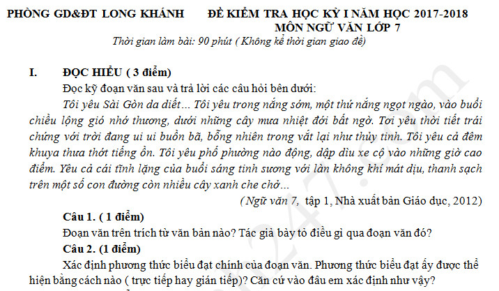 Đề thi kì 1 lớp 7 môn Văn năm 2017 Phòng GD Long Khánh