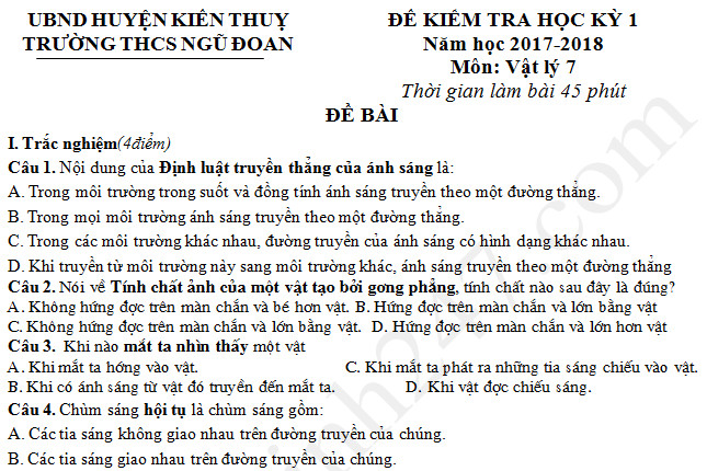 Đề thi kì 1 môn Lý lớp 7 trường THCS Ngũ Đoan năm 2017 - 2018