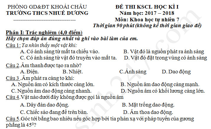 Đề thi kì 1 năm 2017 lớp 7 môn Lý - THCS Nhuế Dương