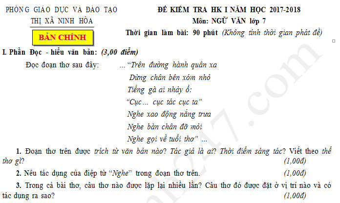 Đề thi kì 1 lớp 7 môn Văn - Ninh Hòa năm 2017 - 2018