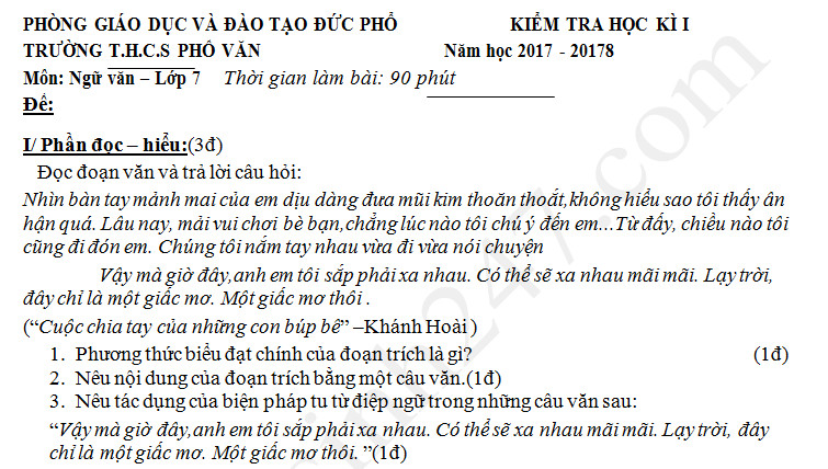 Đề thi học kì 1 lớp 7 môn Văn THCS Phổ Văn năm 2017