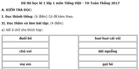 Đề thi kì 1 năm 2017 lớp 1 môn Tiếng Việt - Toàn Thắng