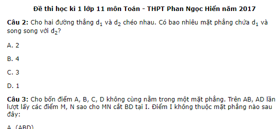 Đề thi học kì 1 lớp 11 môn Toán - THPT Phan Ngọc Hiển năm 2017