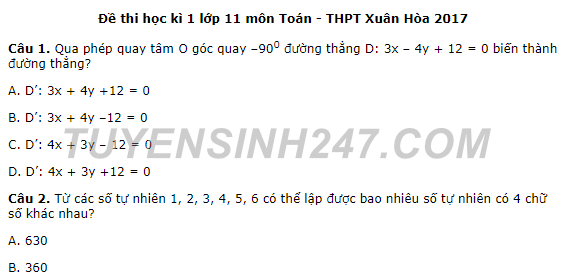 Đề thi cuối kì 1 năm 2017 môn Toán lớp 11 - THPT Xuân Hòa