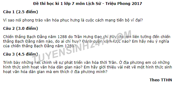 Đề thi học kì 1 lớp 7 môn Lịch Sử - Triệu Phong năm 2017