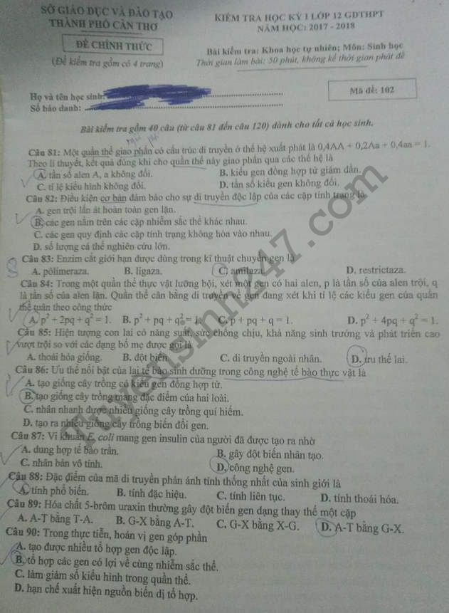 Đề thi kì 1 năm 2017 lớp 12 môn Sinh - Sở GD Cần Thơ