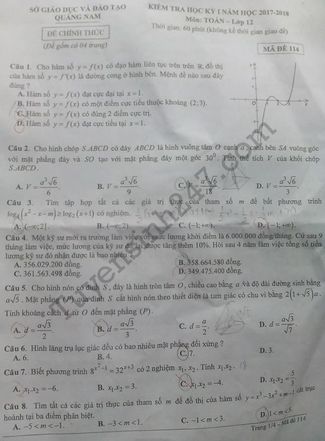 Đề thi kì 1 môn Toán lớp 12 - Sở GD Quảng Nam năm 2017